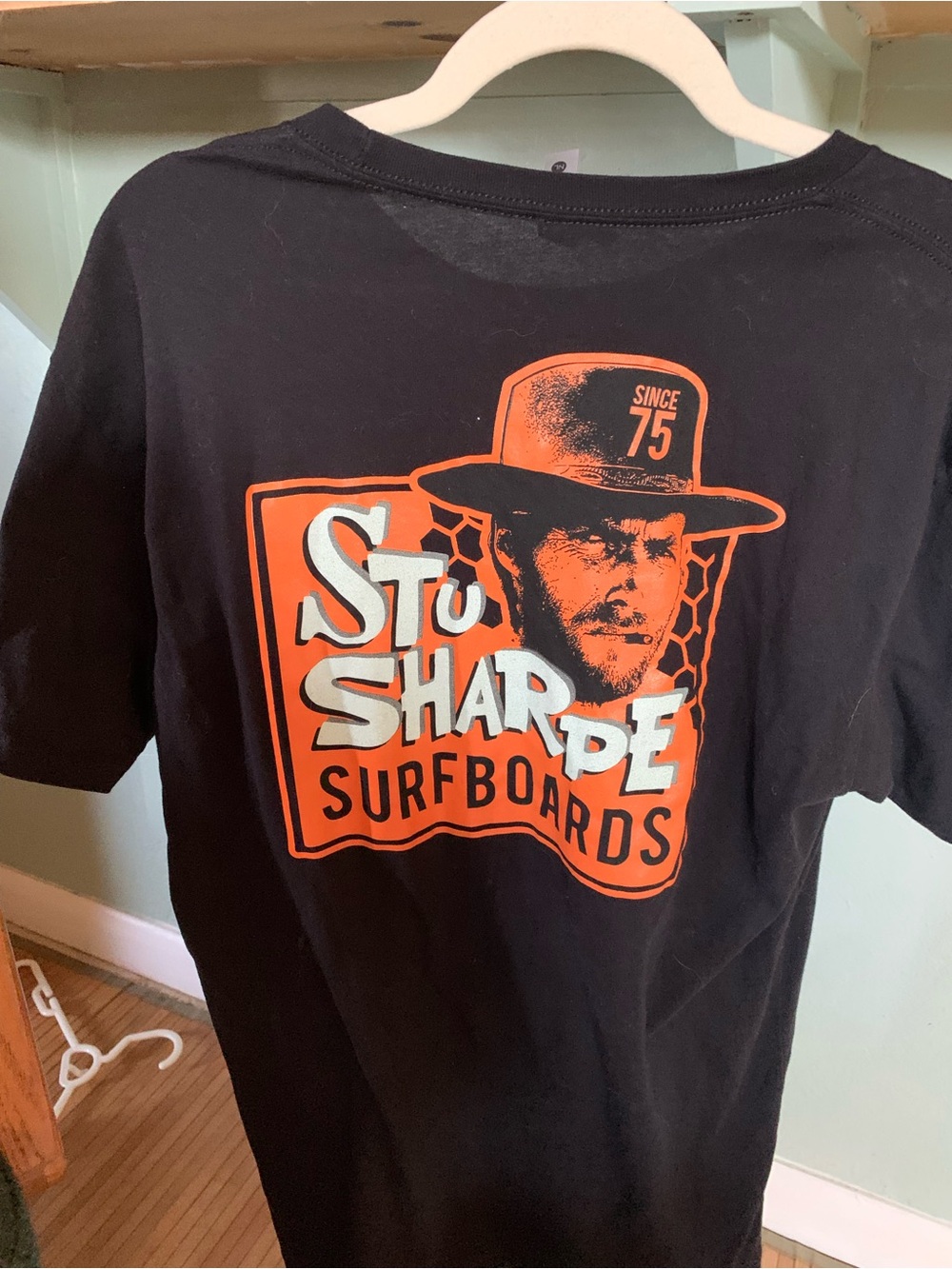 Stu Sharpe surfboards since 1975 
T Shirt Black Size G/Large USA